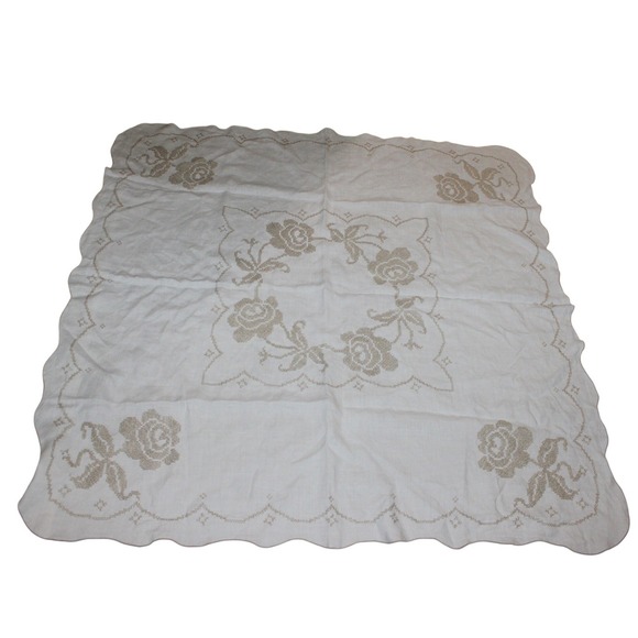 Other - Vintage Linen Tablecloth 46x46 – Embroidered Roses, Scalloped Edge Cottagecore